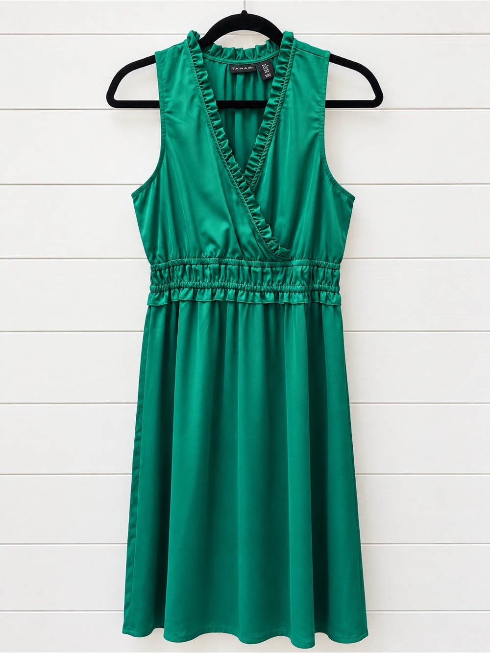 Tahari Emerald Green Sleeveless Ruffle-Trim Midi Dress